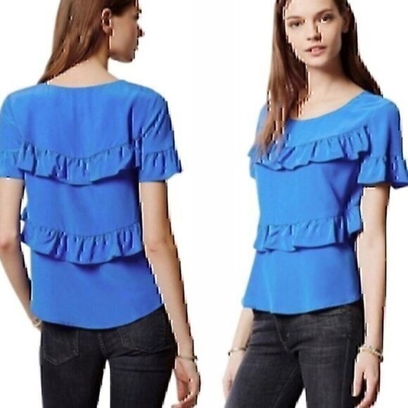 ANTHROPOLOGIE HD PARIS Blue Ruffle 100% SILK Short Sleeve Tiered Work Blouse Top - Picture 1 of 7